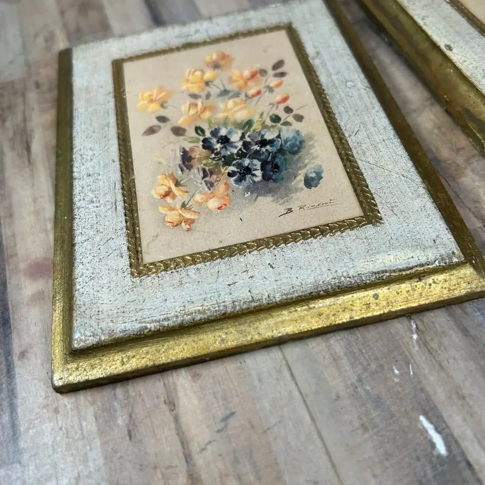 Vintage Marked Made in Italy Small Rectangles Floral Art Wall Frames Paintings